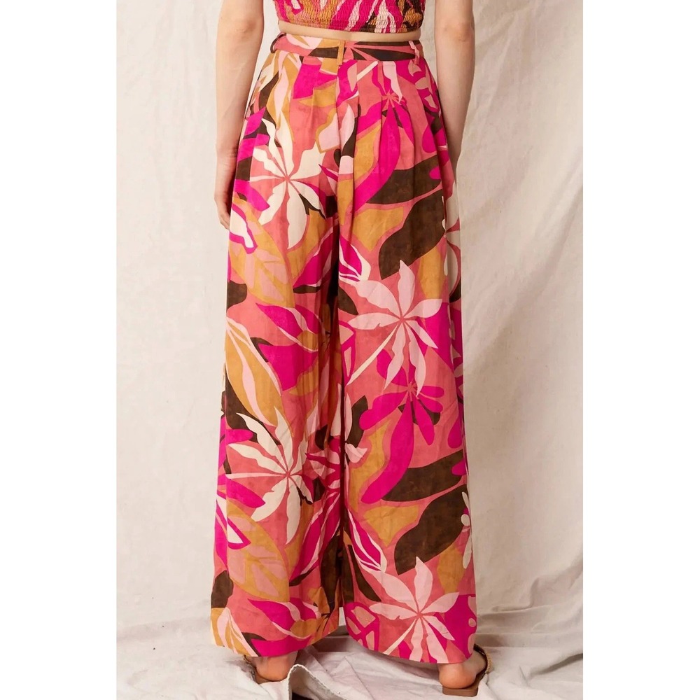 Bonhomia wide leg palazzo floral pants pink elastic waist Sz Small boho